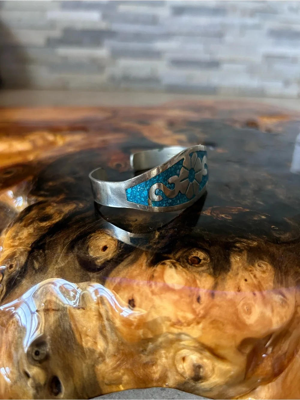 Mexico Turquoise Inlay Silver Cuff Bracelet